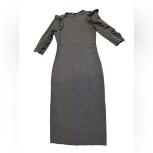 Zara Trafaluc Gray Bodycon Midi Dress Ruffle Sleeves Stretch Knit Women’s Small